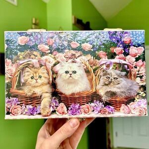 Vintage Kittens In Baskets Cute Storage Organization Floral Mirror Box Art